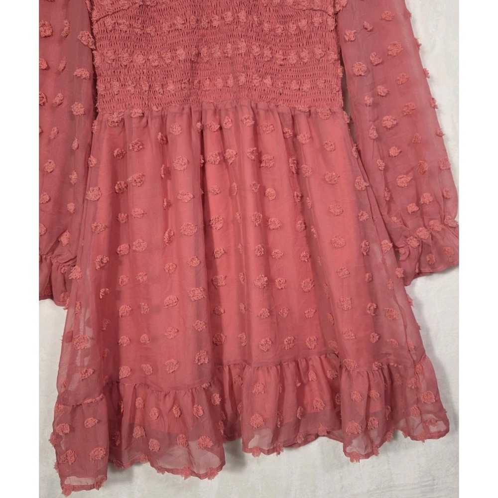 NWT BTFBM Women Medium Pink Swiss Dot Smocked V Neck Long Sleeve Mini Dress - Picture 5 of 12